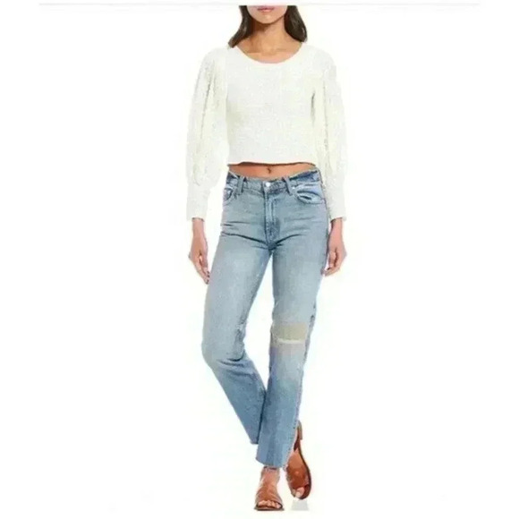 Free People Tea Time Womens Long Puff Sleeve Floral Lace Stretch Crop Top NEW - Picture 1 of 10